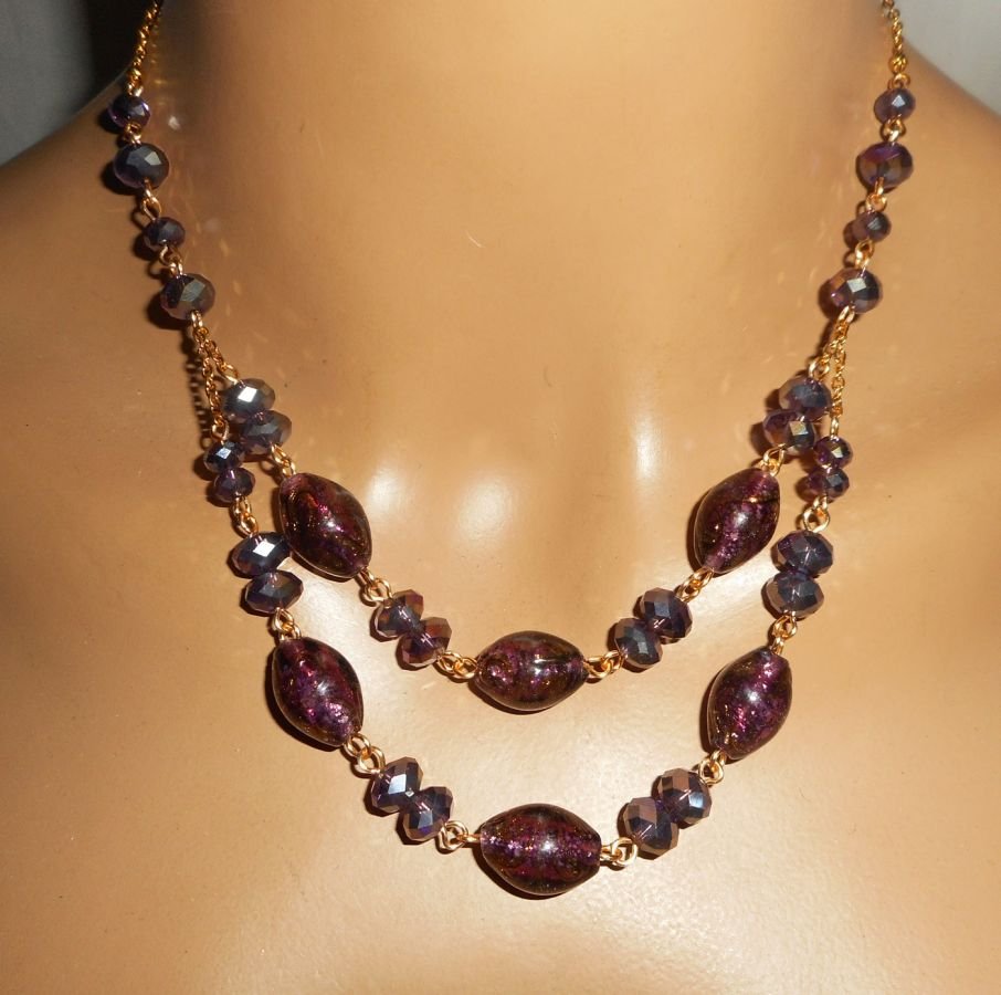 Collier en Verre de Murano et cristal violet sur chaine en acier or