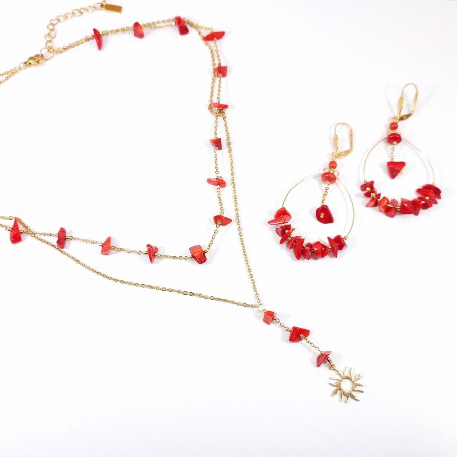  Parure Collier double rangs avec gorgone rouge et soleil