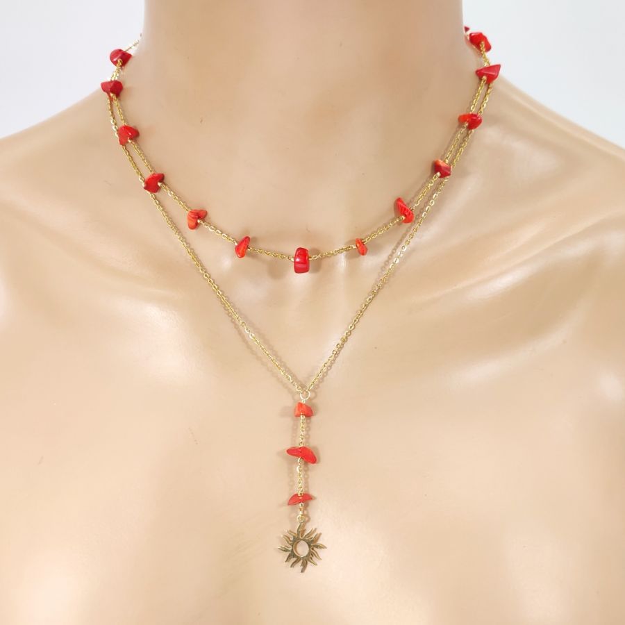  Parure Collier double rangs avec gorgone rouge et soleil