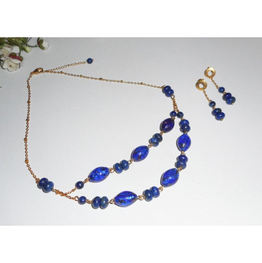 Parure Collier pierres Lapis Lazuli et verre de Murano double rangs