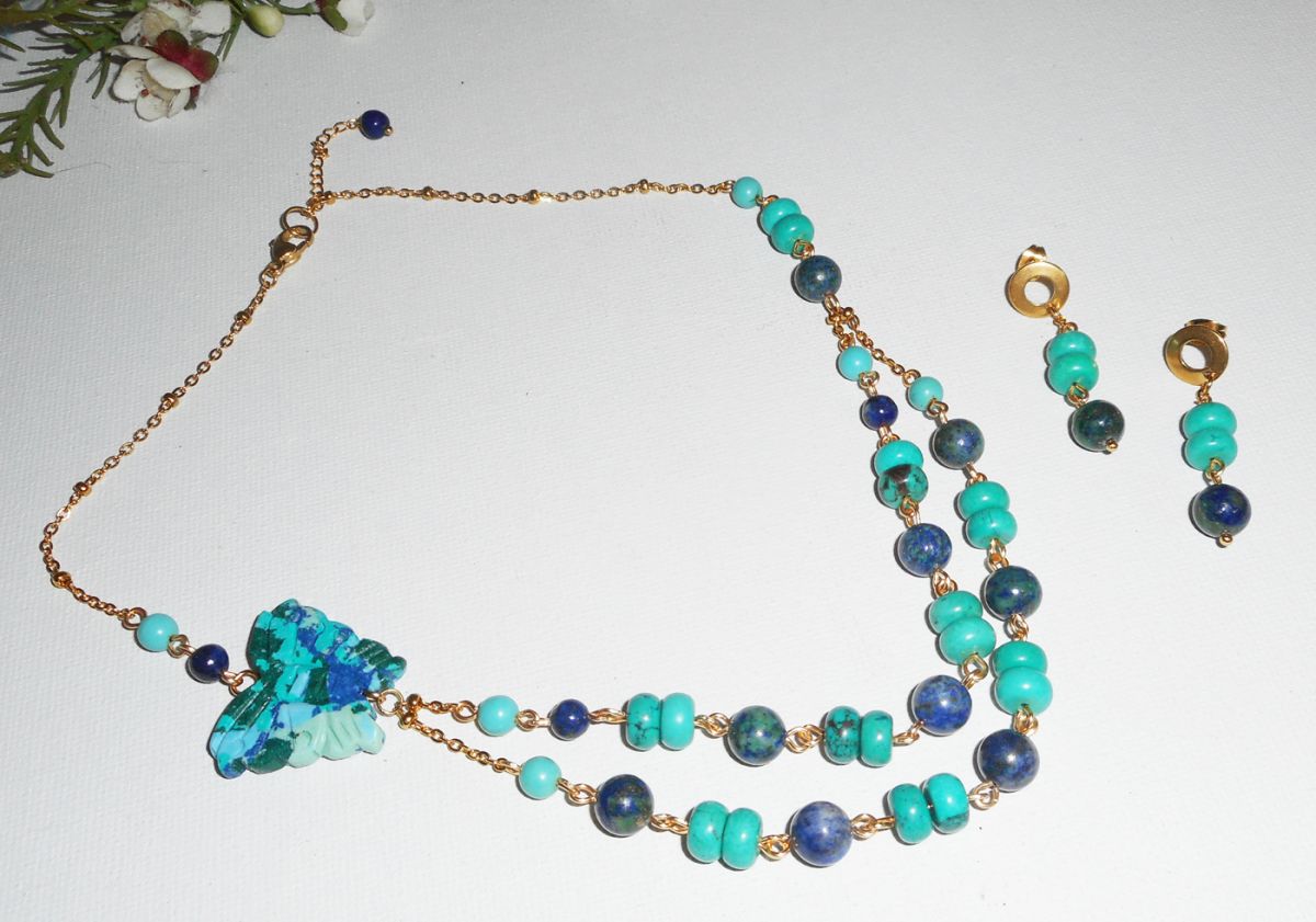 Parure Collier pierres Lapis Lazzuli et Turquoise avec papillon