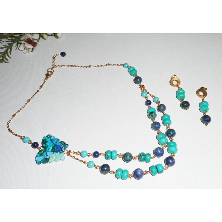 Parure Collier pierres Lapis Lazzuli et Turquoise avec papillon