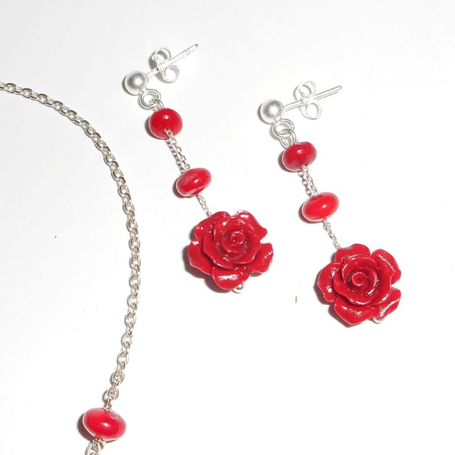 Parure Collier rose rouge et gorgone sur chaine argent