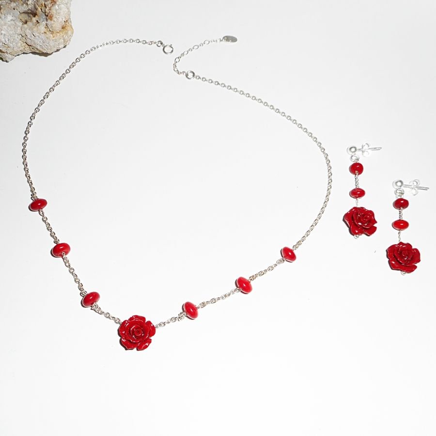 Parure Collier rose rouge et gorgone sur chaine argent