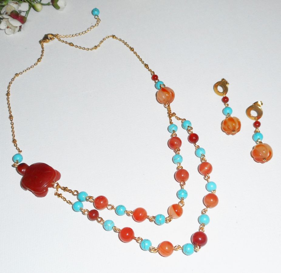 Parure Collier tortue en pierres de cornaline et turquoise 