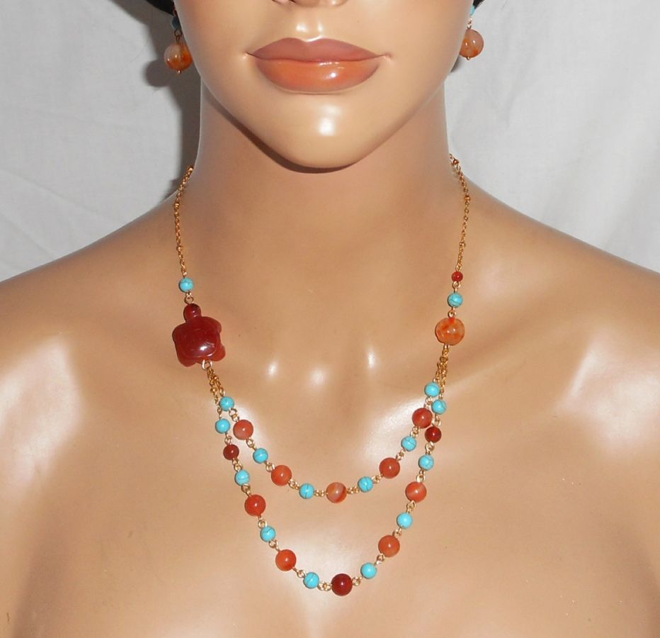 Parure Collier tortue en pierres de cornaline et turquoise 