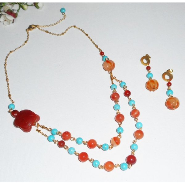 Collier tortue en pierres de cornaline et turquoise 