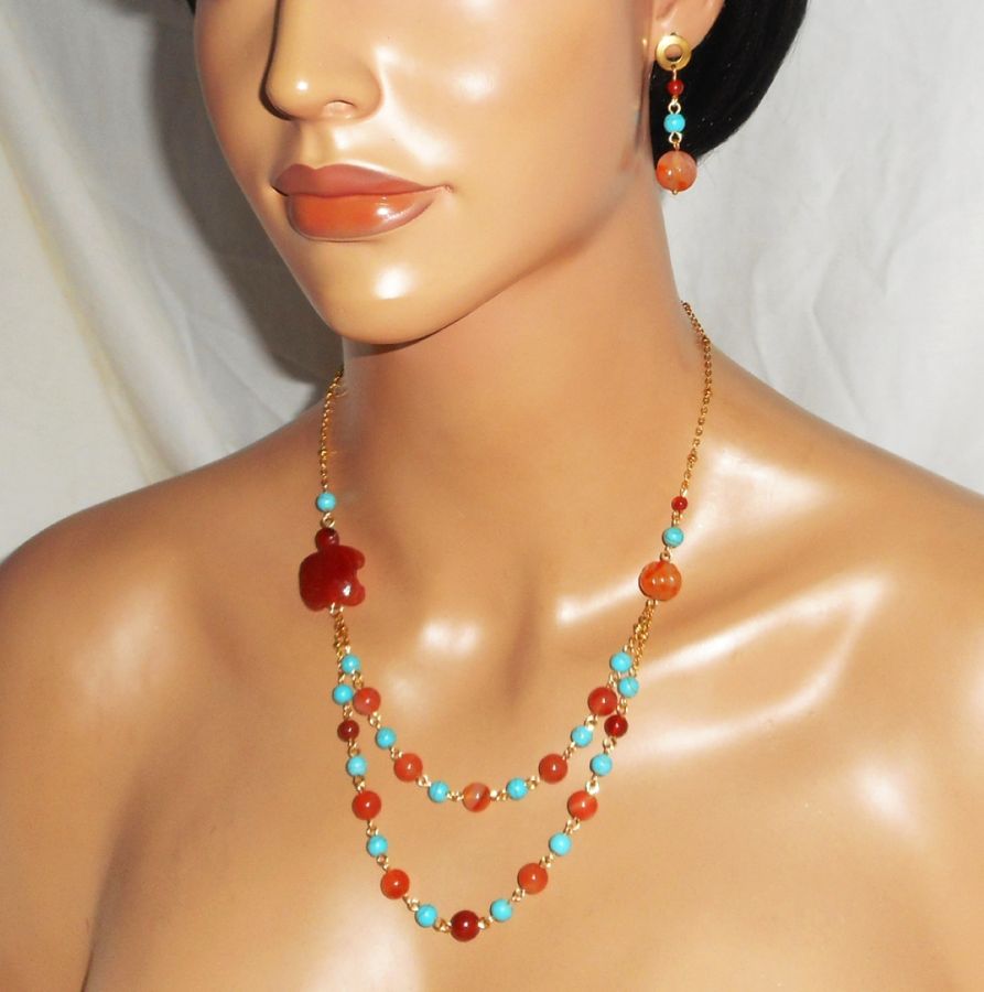 Parure Collier tortue en pierres de cornaline et turquoise 