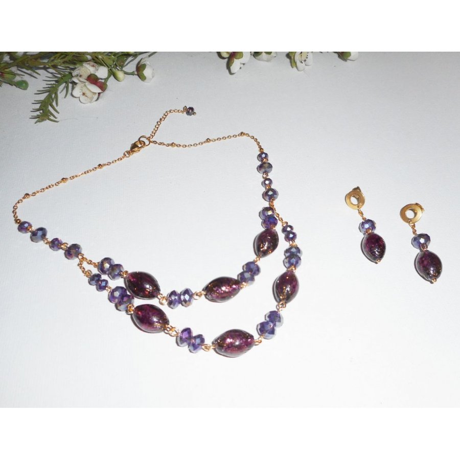 Parure avec Collier en Verre de Murano et cristal violet sur chaine en acier or