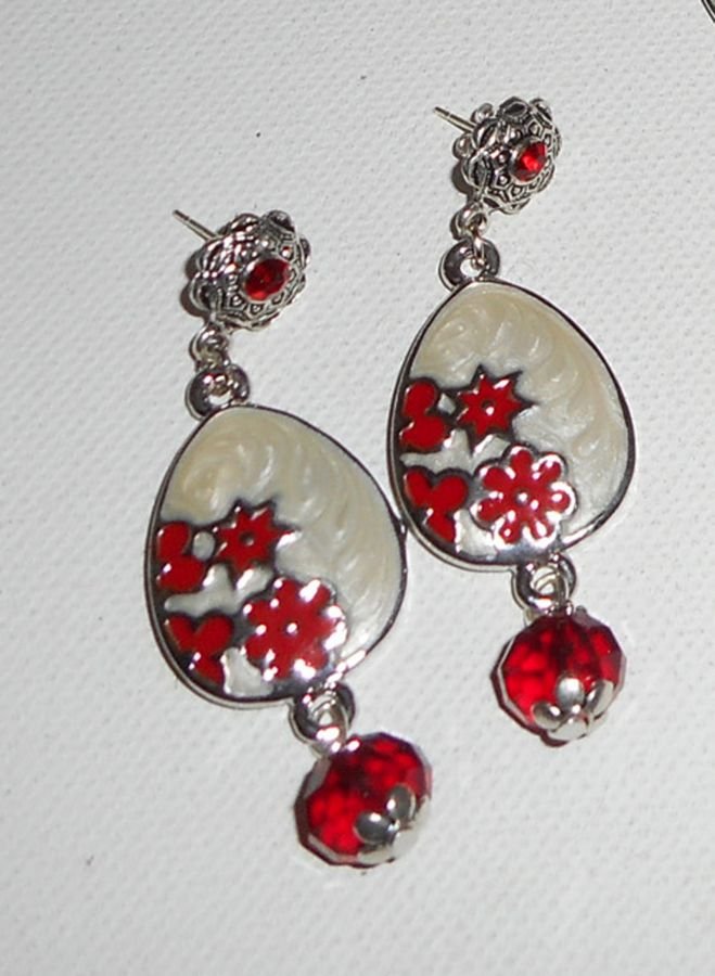 Parure Sautoir en émail rouge et blanc avec perles en cristal