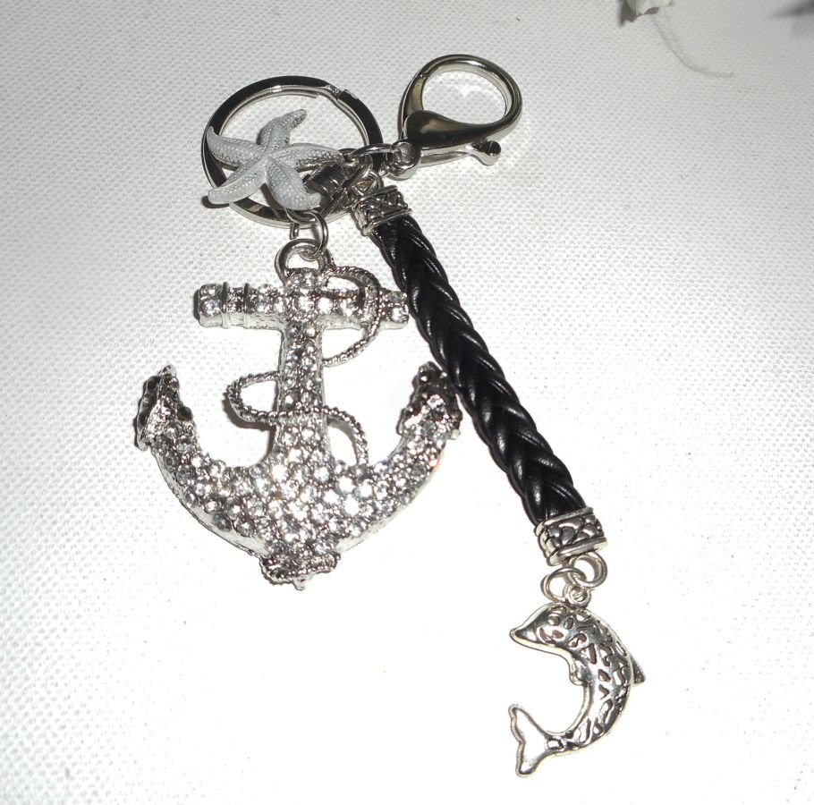 Porte clés/Bijoux de sac ancre marine avec strass et dauphin