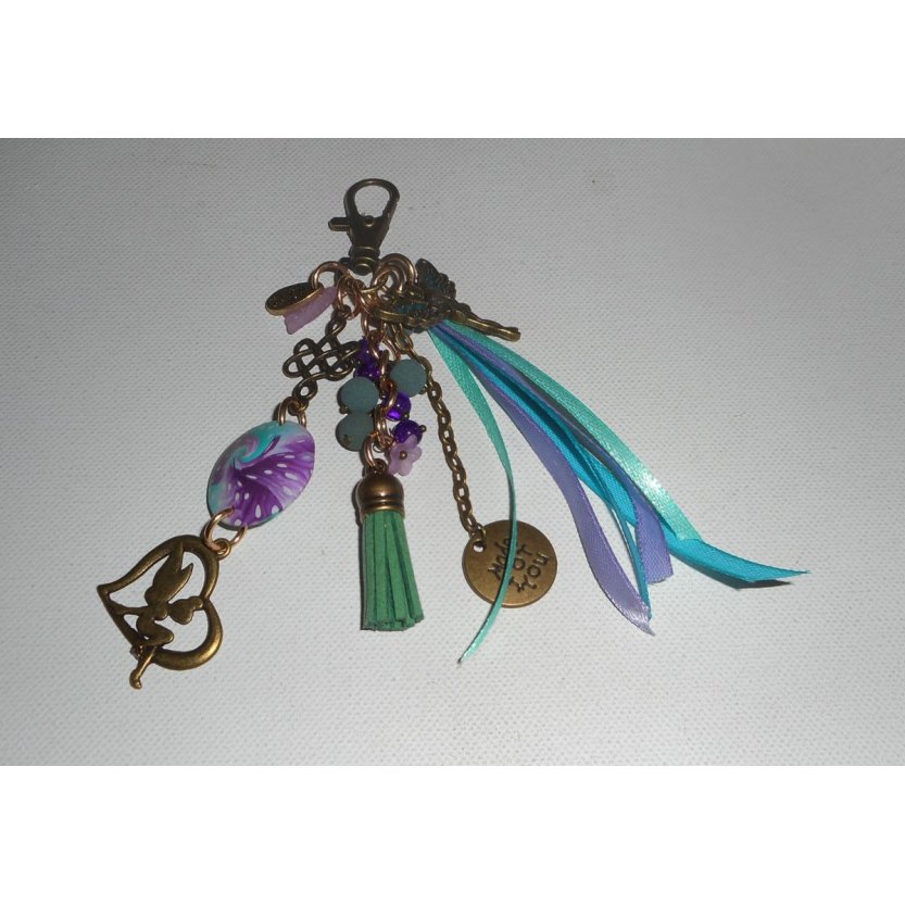 Porte clés/Bijoux de sac fée perles et rubans turquoise violet