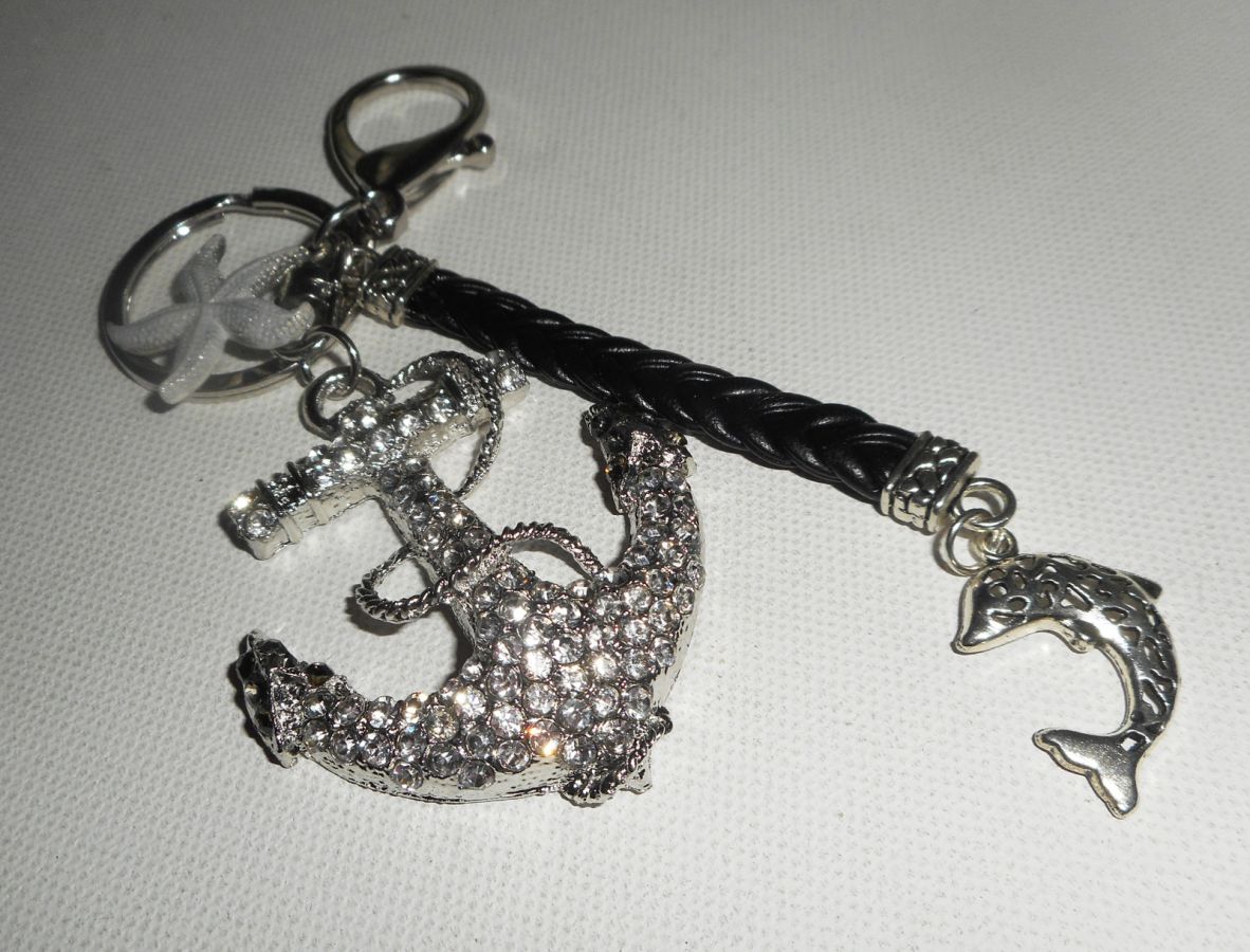 Porte clés/Bijoux de sac ancre marine avec strass et dauphin