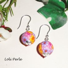 Boucles d'oreilles perles d'argile fleurie rose en argent 925