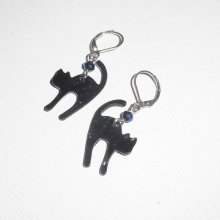 Boucles d'oreilles motif chat en métal noir  avec perle en cristal bleu