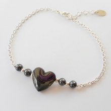 Bracelet coeur en pierre d'hématite sur chaine argent 925
