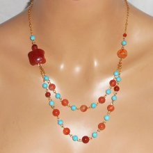 Collier tortue en pierres de cornaline et turquoise 