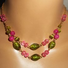 Collier en Verre de Murano et cristal rose et vert sur chaine en acier