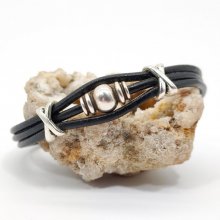 Bracelet homme cuir noir multi-rangs avec perle en métal argent