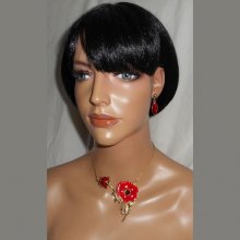 Parure Collier coquelicot et coccinelle en émail rouge sur chaine en acier doré